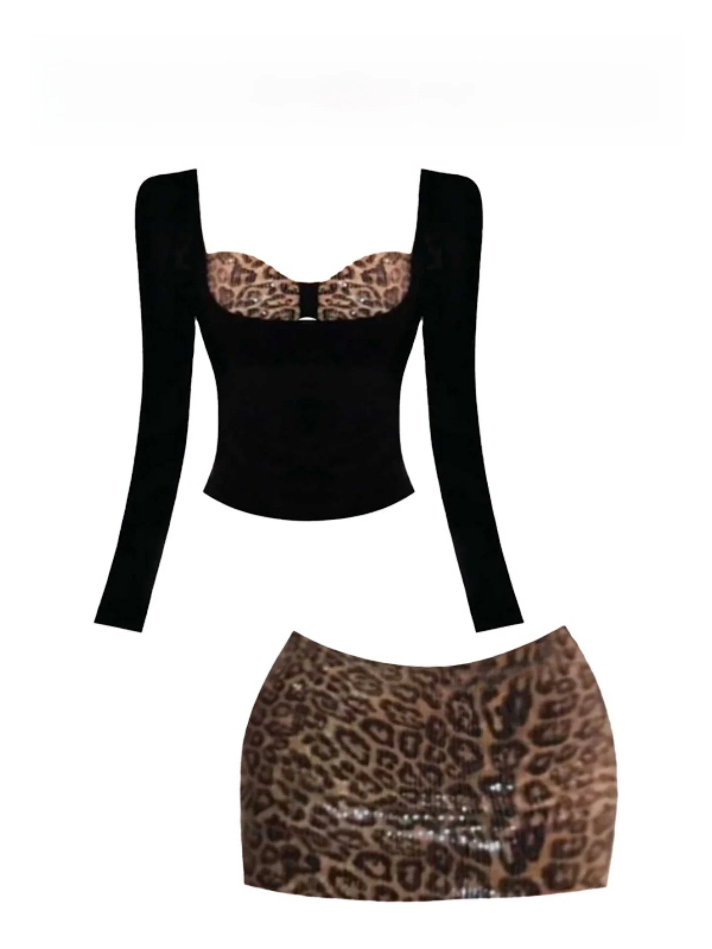 

Сексуальный облегающий комплект с леопардовым принтом: юбка с высокой талией и топ, двухкомпонентный костюм в корейском стиле, длинный рукав, для женщин, весна...