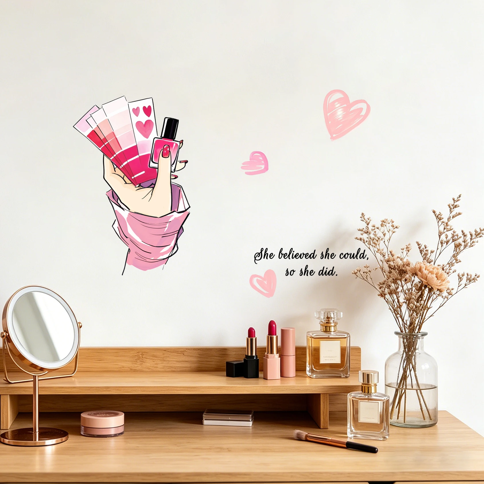 Pink nail polish heart-shaped beauty manicure hand, bedroom, dormitory, home decor, wall sticker, self-adhesive painting.
