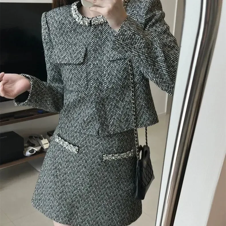 Women's Set 2025 New Spring Diamond Design O-neck Single Breasted Sweet Long Sleeve Coat or High Waist Skirt