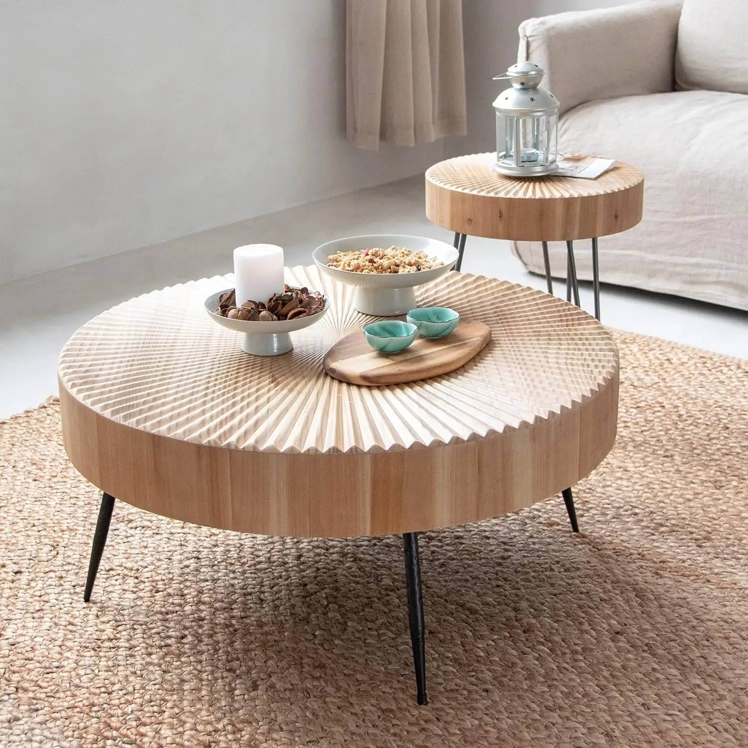 LONYKE 2-Piece Modern Farmhouse Living Room Coffee Table Set, Nesting Table Round with Handcrafted Wood Radial Pattern