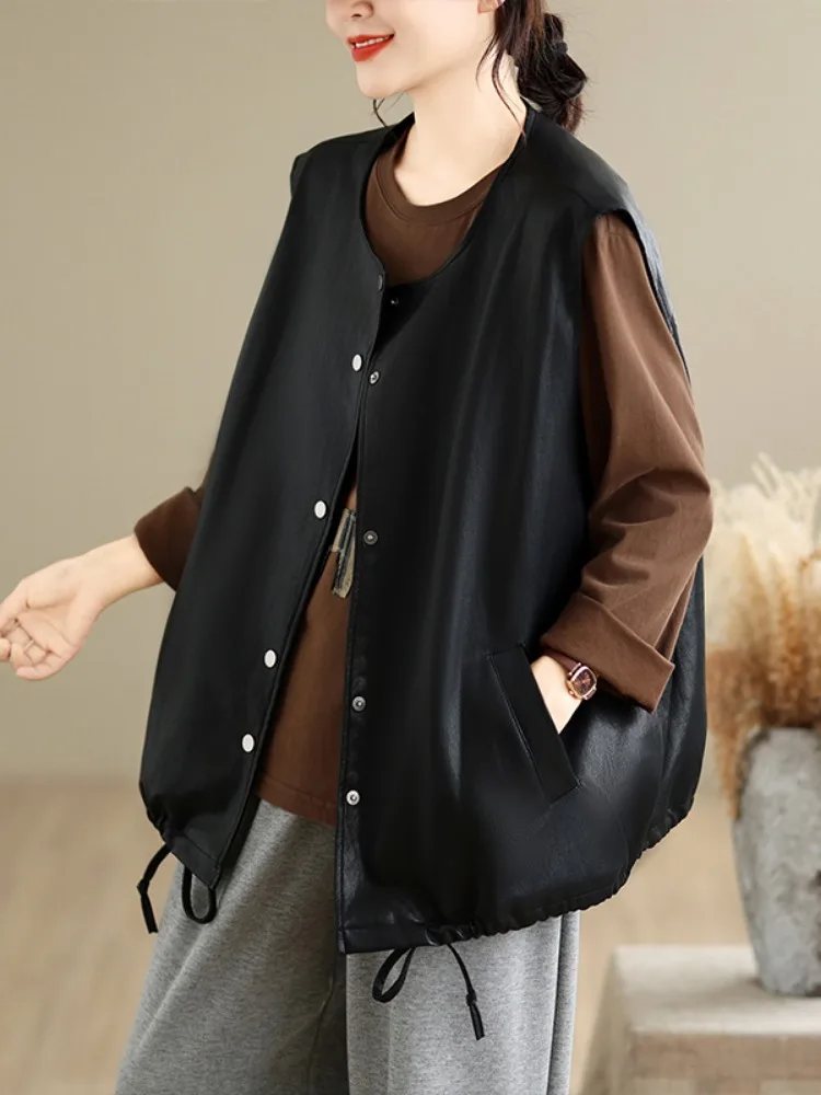 Vintage Minimalist PU Leather Vest Women's Outerwear Autumn Season Unique Drawstring Design Casual Style Home Wear Light Weight