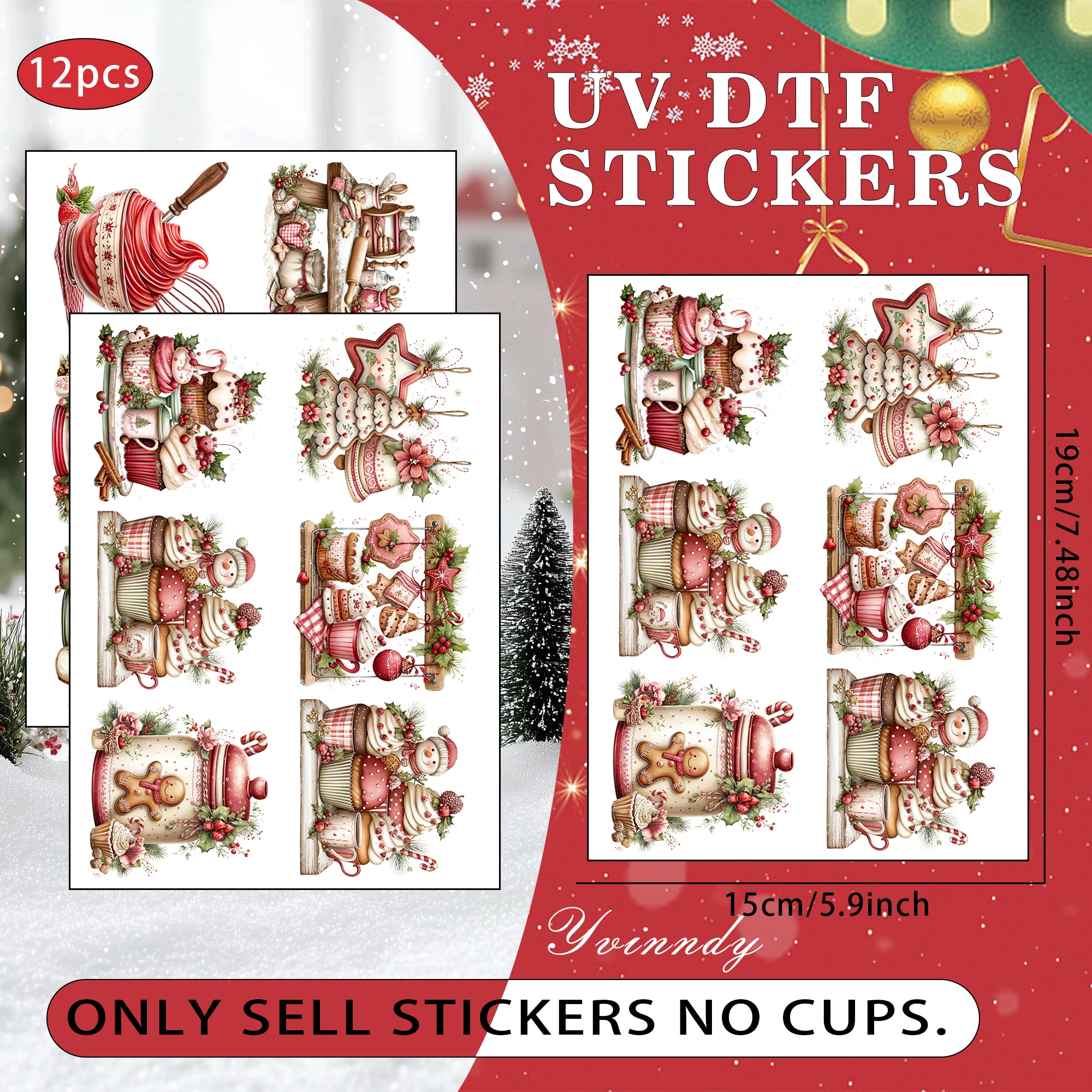 12Pcs/Set Retro Christmas Baked Desserts Glass Jar Packaging Stickers UV DTF High Self Adhesive Transfer Paper