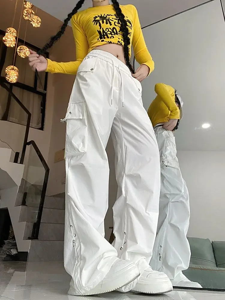 HOUZHOU White Cargo Parachute Pants Y2k Baggy Kpop Pleated Trousers Hip Hop Style Oversized Korean Streetwear Wide Leg Joggers