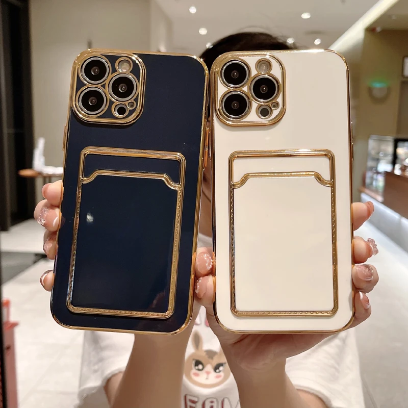 Luxury Solid Color Plated Wallet Card Slot Soft TPU Phone Case For iPhone 16 Pro Max 14 11 12 13 15 Pro Max Bumper Back Cover