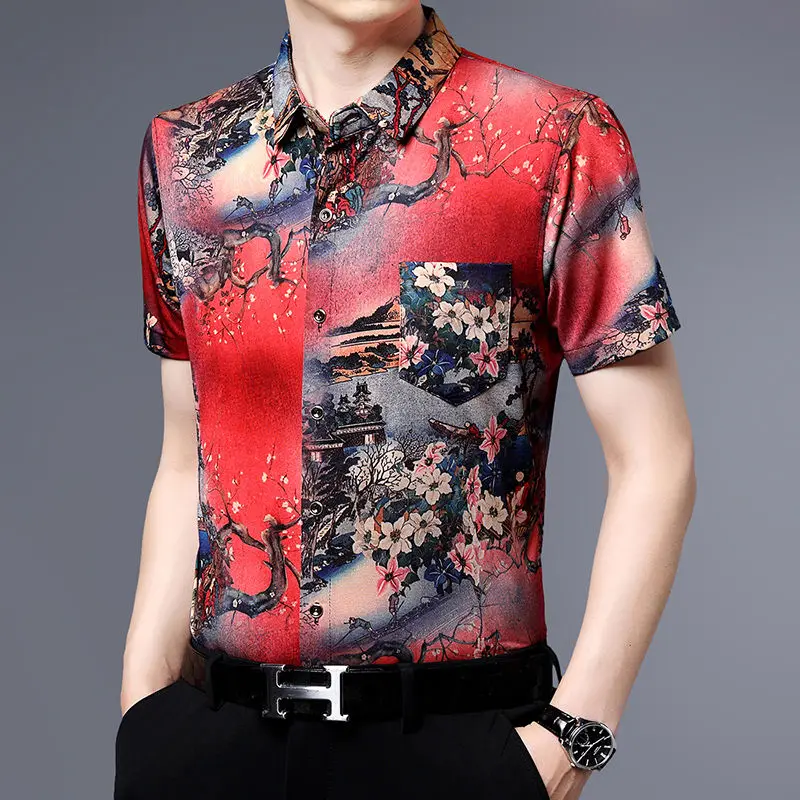 

Vintage Printed Lapel Spliced Pockets Floral Shirt Men's Clothing 2023 Summer New Casual Tops All-match Short Sleeve Shirts