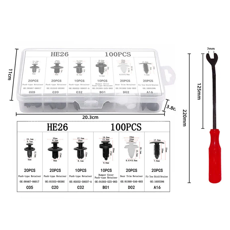 

6 Size 100pcs Auto Fastener Car Clips Mixed Body Push Retainer Pin Rivet Bumper Door Trim Panel Retainer Fastener Kit