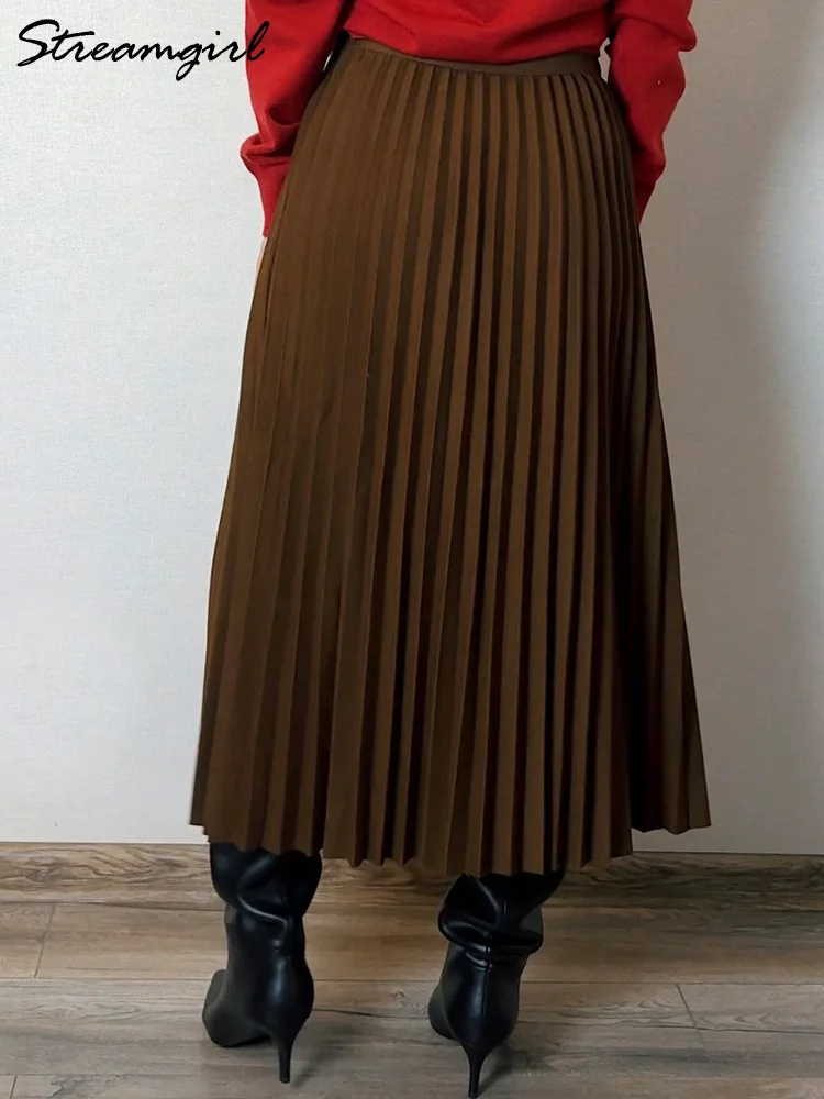 Streamgirl Long Wool Skirt Women Winter Black A Line Pleated Skirts Elastic Waist Vintage Office Warm Skirts For Women Autumn