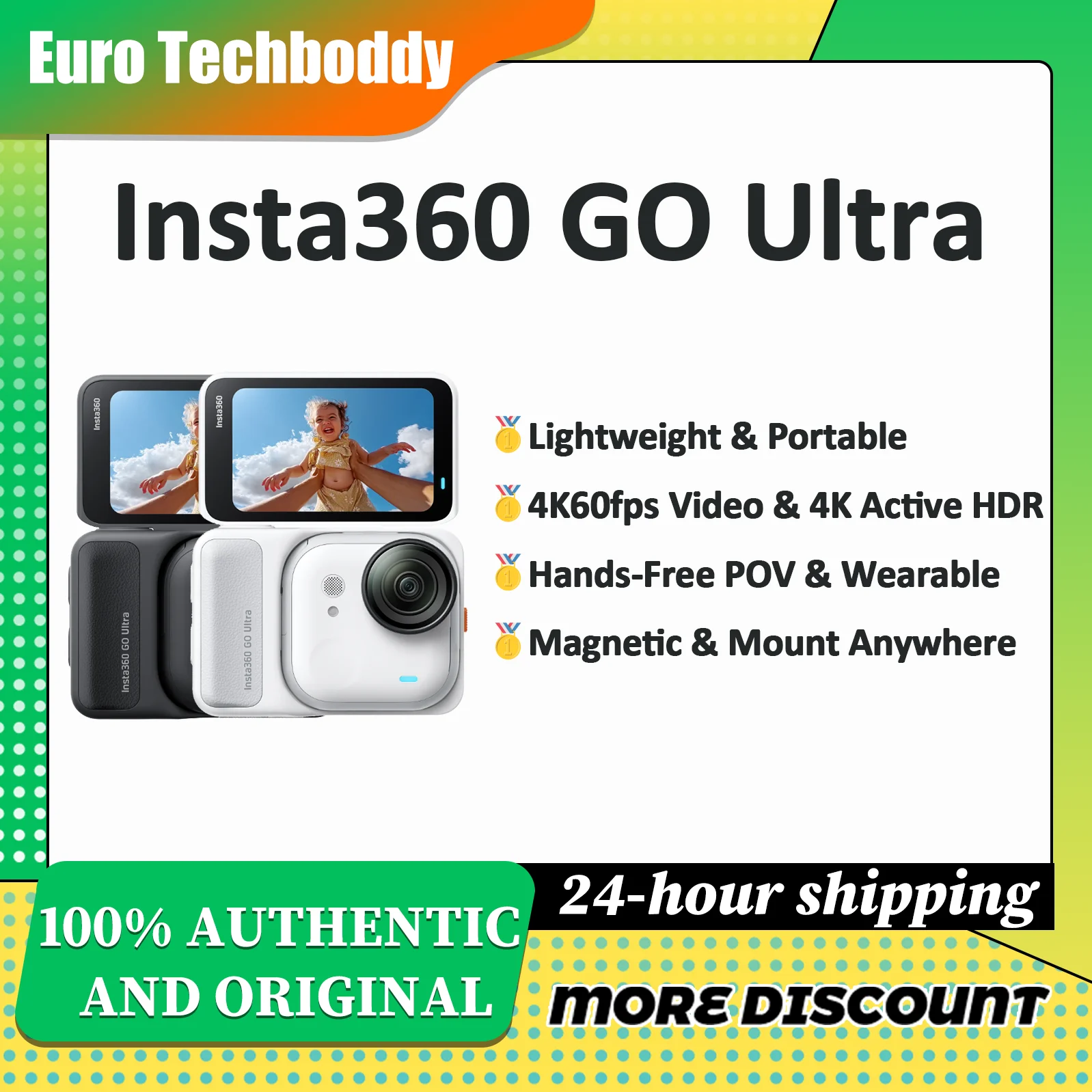Cámara de acción Insta360 GO Ultra, ligera, POV, manos libres, 4K a 60fps Ultra-HD, estabilización magnética FlowState, Insta360 GO Ultra 2