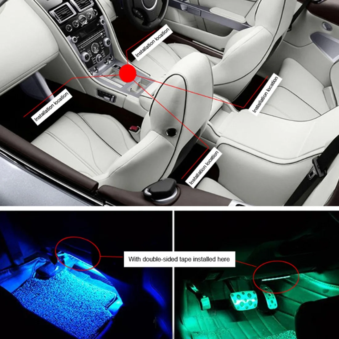 Car LED Strip Light 4-Piece Set 48LED Multi-Color Music Car Interior Light LED Lighting Kit Includes Car Charger