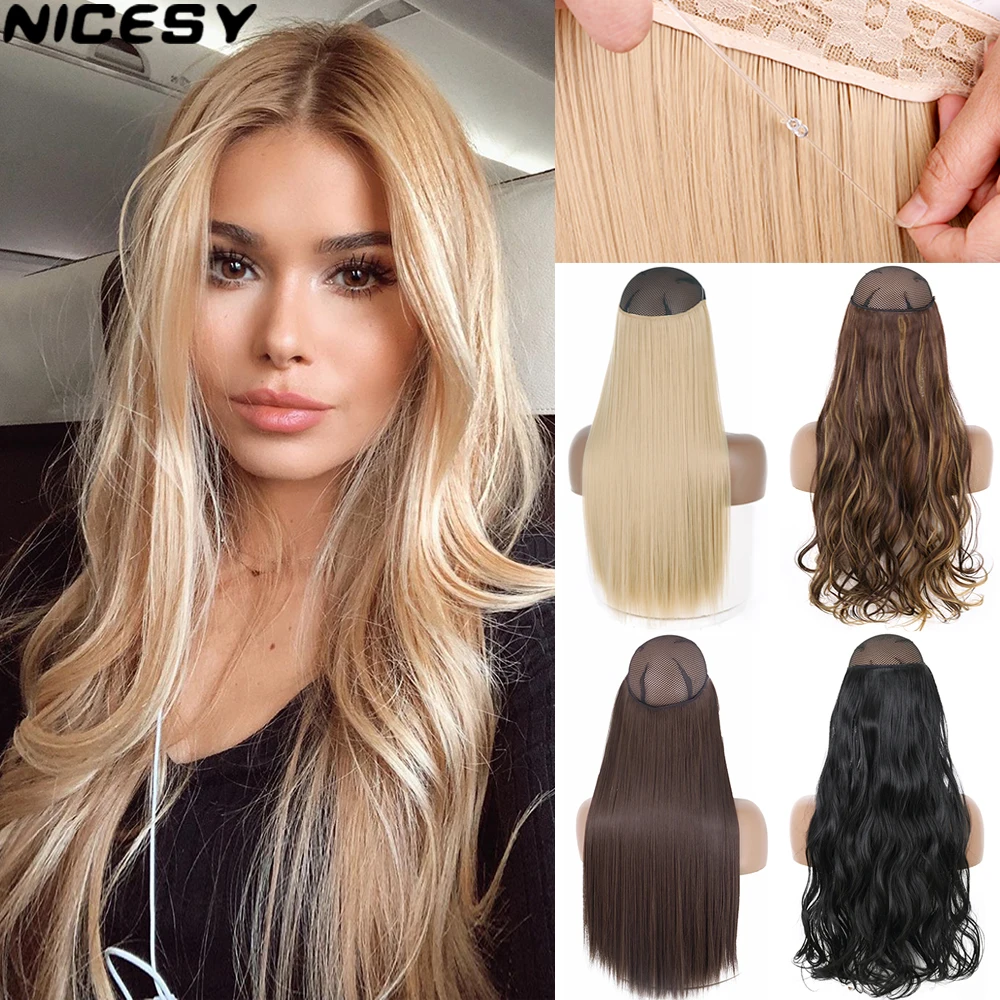 Synthetic Long Wavy No Clips Invisible Wire Hair Extensions Black Brown Blonde Fish Line False Hairpiece Piece