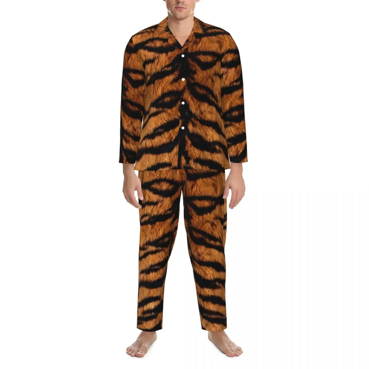 Tiger Fur Print Pajamas Set Animal Comfortable Sleepwear Couple Long Sleeve Vintage Sleep 2 Pieces Home Suit Plus Size