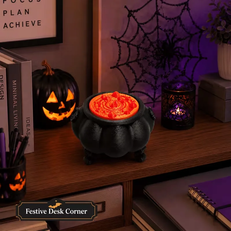 Halloween Creative Witch Cauldron Decor, 3D Printed Black Pot Orange Lid Desktop Fidget Table Ornament