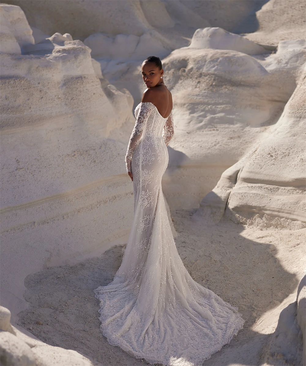 Vestido De Novia De encaje blanco bohemio personalizado, vestidos De Novia formales De manga larga con escote en forma De corazón, Vestido De Novia suave con cola De corte De sirena