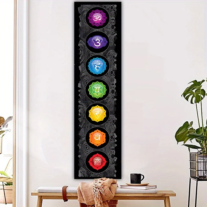VIKAMA Black Patterned Seven Chakra Symbol Tapestry - Long Bohemian Wall Hanging for Meditation, Spiritual Healing Decor