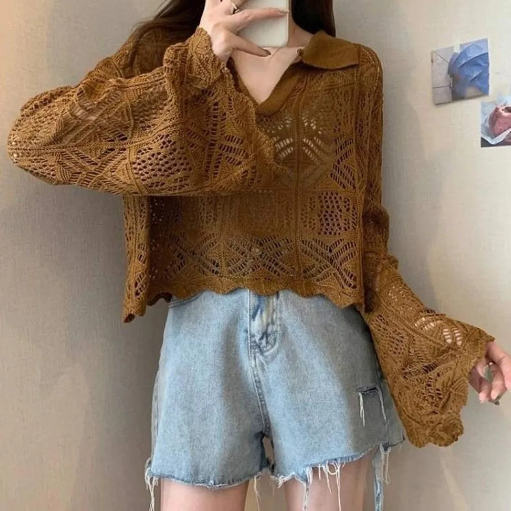 Einfache V-ausschnitt Aushöhlen Stricken T-shirt Lose Koreanischen Stil Häkeln Strickwaren Beachwear Langarm Cover Up Crop Top Streetwear