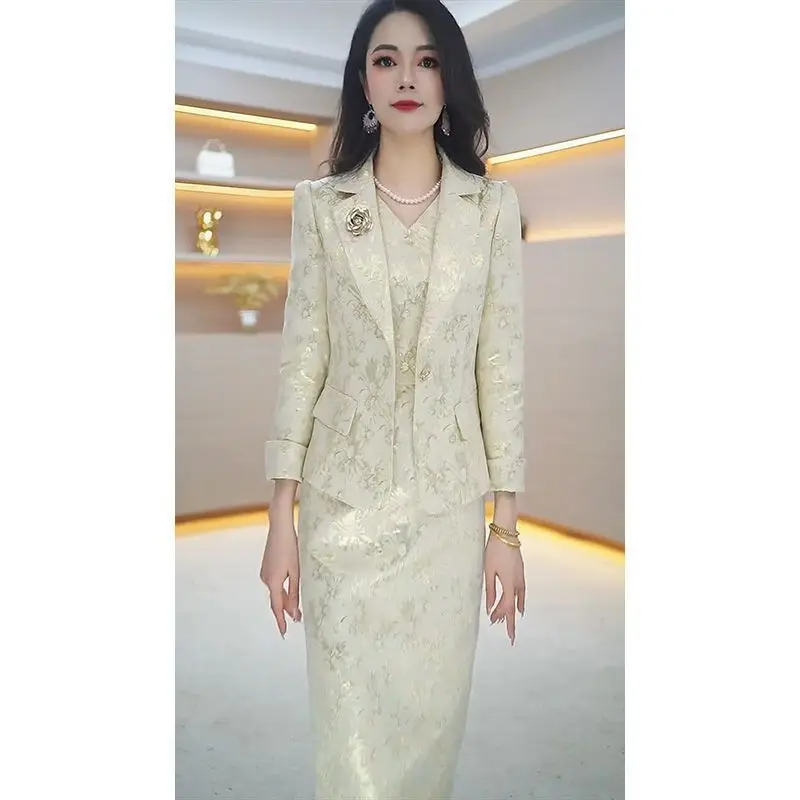 Feminino 2025 início do outono novo temperamento fino ajuste terno + colete elegante vestido impresso design sentido high-end conjunto de duas peças