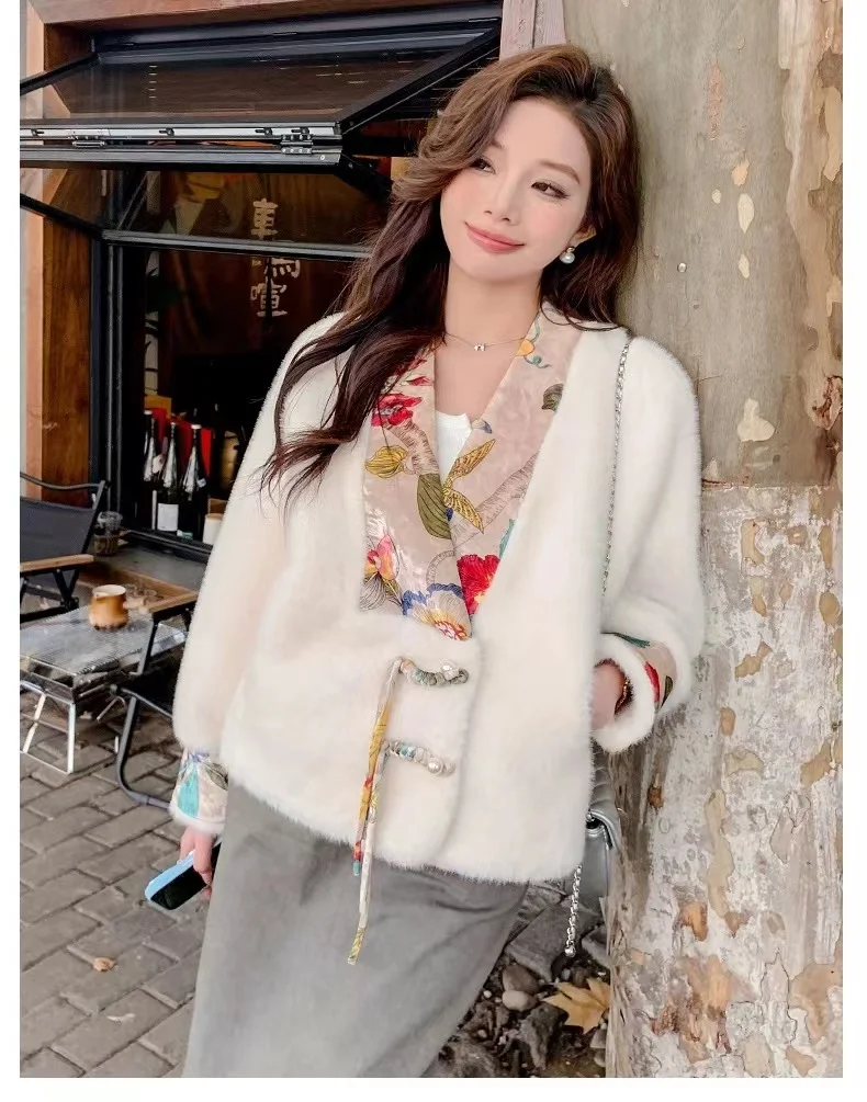 Spring Festival New Environmental Protection Mink Fur Coat European Women\'s Coat Pan Buckle Chinese Style Women\'s Jacket Artific