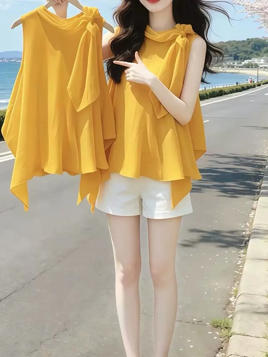 Yellow Sash  Knot Sleeveless Halter Top Women Summer 2026 New Korean Style Beautiful Asymmetrical Shirt