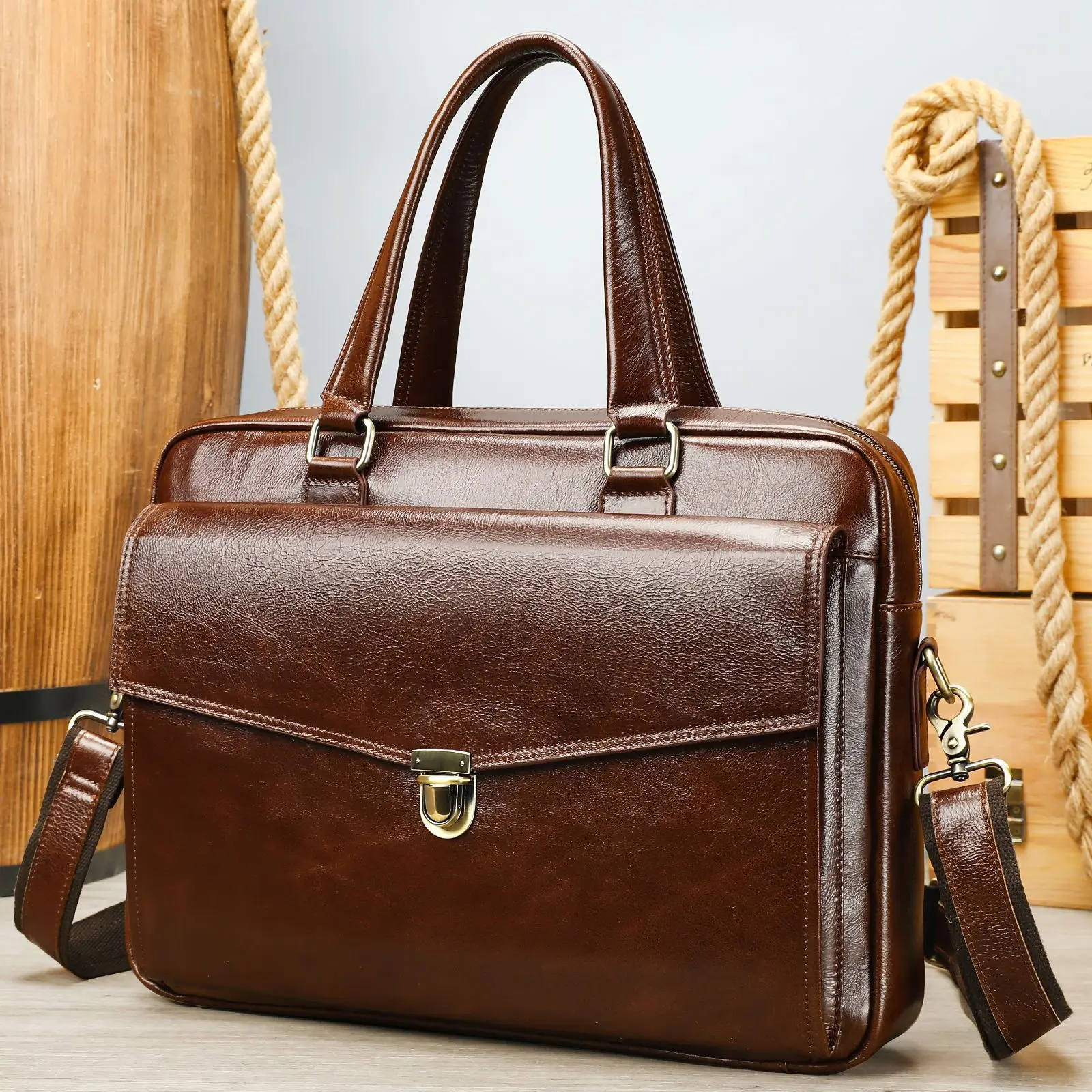 Genuine Leather Briefcase for Men Top Grain Cowhide Handbag Travel Large Capacity Leather Business Bag Laptop Bag