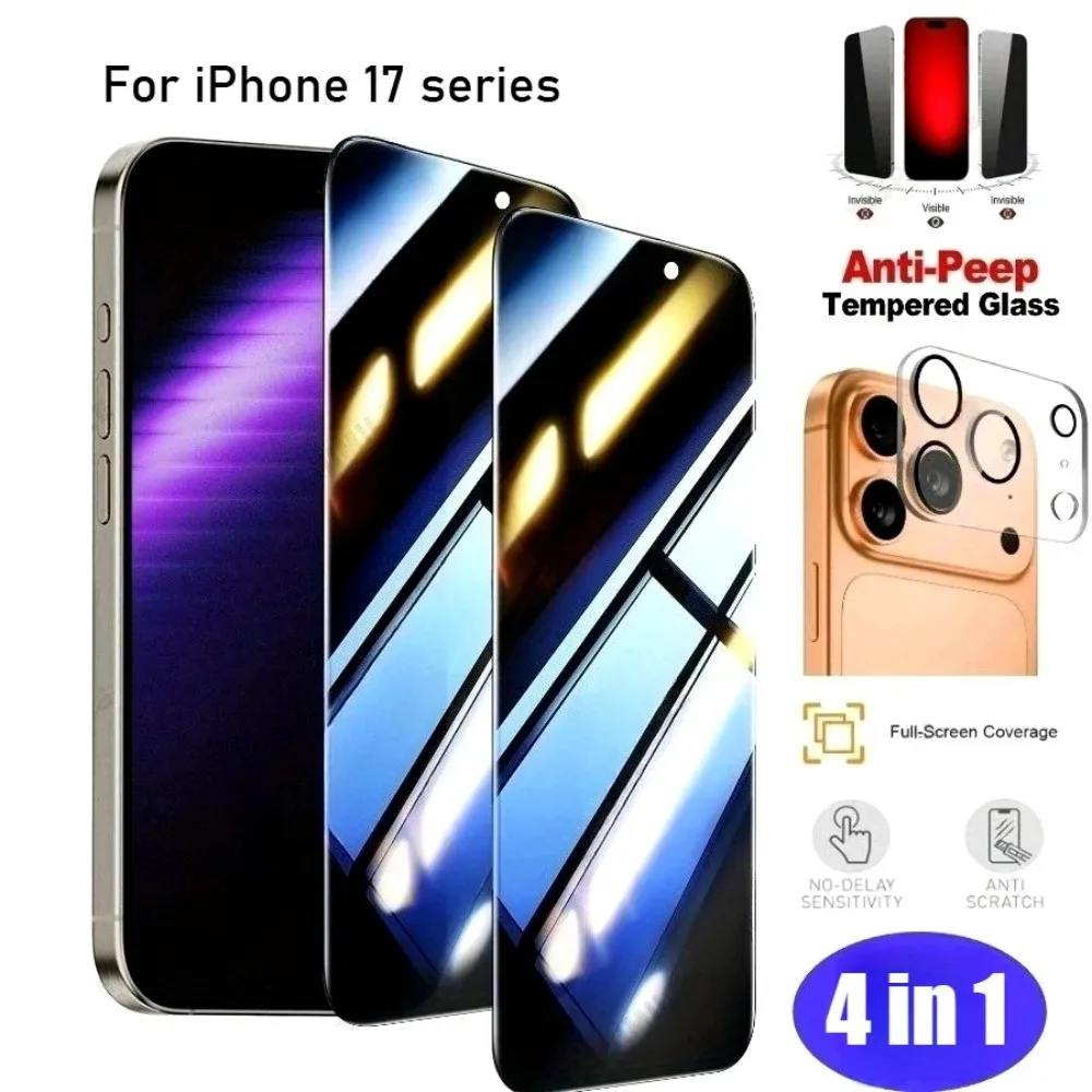 4-in-1 Anti-Spionage-Hartglas für iPhone 17 16 14 15 Pro Max 13 12 Mini-Kameraobjektivglas für iPhone 13 12 11 Pro 15 14 16 Plus