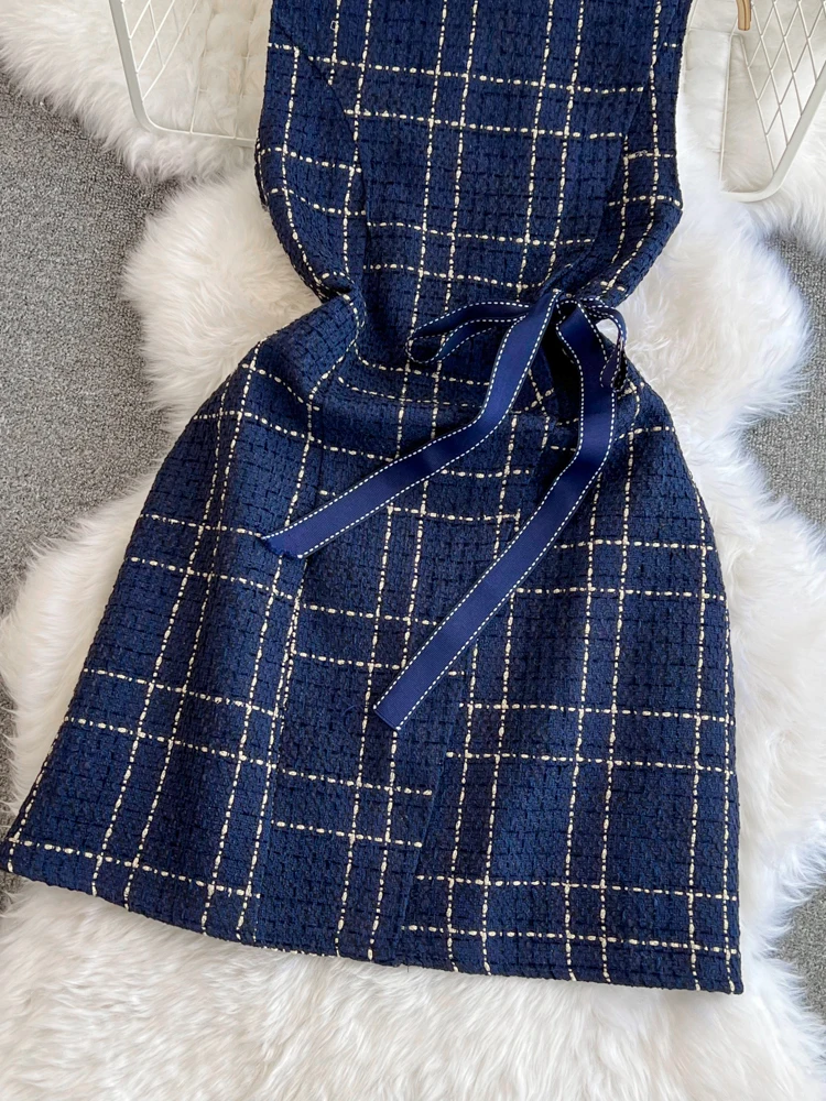 OCEANLOVE Tweed Plaid abiti da donna senza maniche moda coreana eleganti abiti Mujer primavera autunno dolce a-line Mini abito