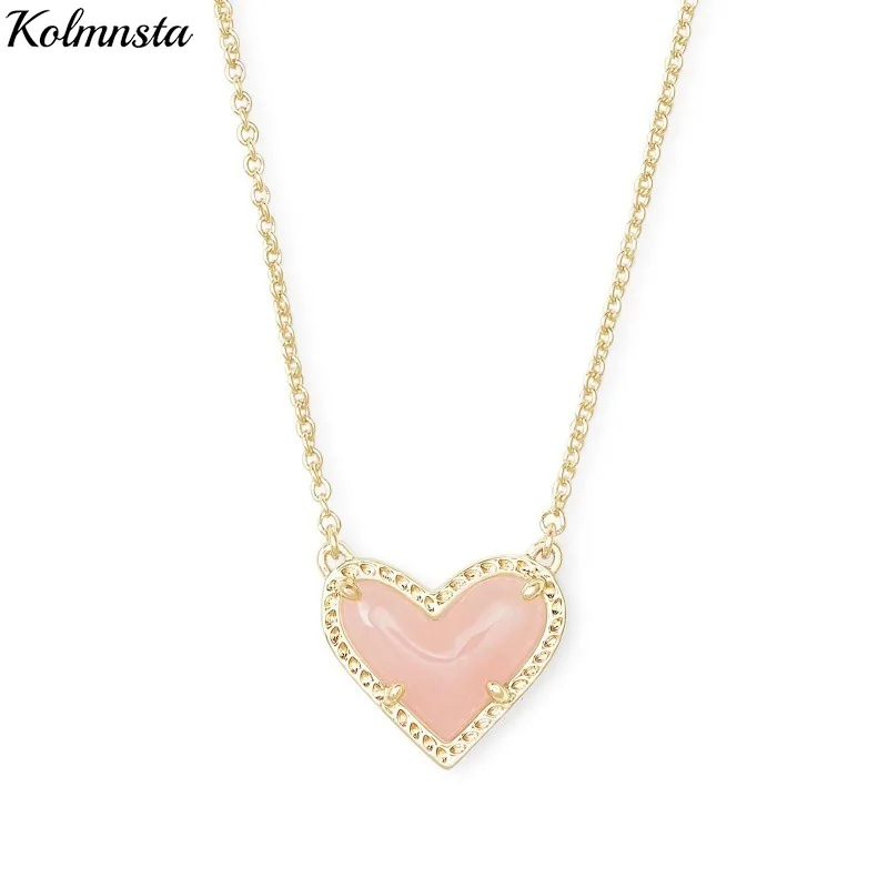 Kolmnsta Love Heart 여성용 천연 크리스탈 원석 펜던트 목걸이, 여아용 금속 체인 칼라 초커, 패션 주얼리 선물