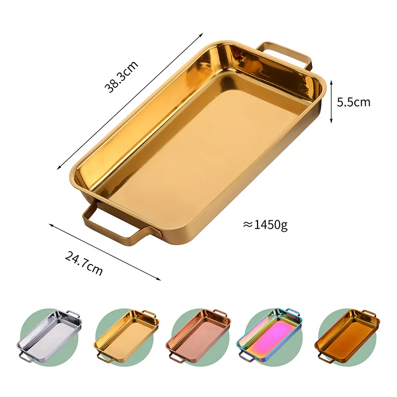 Stainless Steel Flat Bottom Golden Grilled Fish Plate Korean BBQ Tray Plate Rectangular Dumpling Dinner Baked Plate for Kitchen