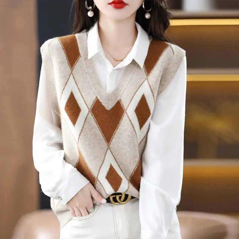 Women\'s V-neck Vintage Striped Sweater Autumn and Winter New Color Locked Geometric Loose Sleeveless Pullover Knitted Vest Tops