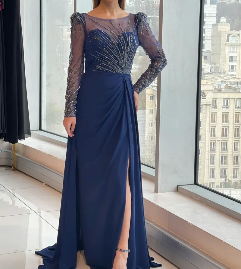 2024 Elegant Evening DressSpecial Occasion Gown Illusion Neckline Full Sleeve Side Slit Maxi Skirt