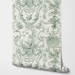 Vintage Green toile Wallpaper, Vintage festoons of flowers toile de jouy Wallpaper in Green and Beige backolor
