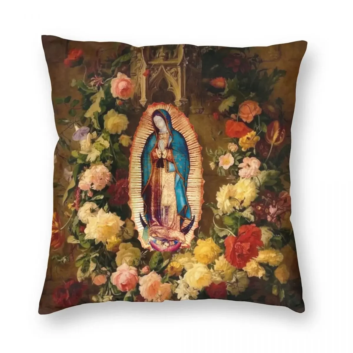 Funda de almohada de Nuestra Señora de Guadalupe, cubierta de cojín con estampado de doble cara, decoración de la Virgen María, funda de almohada con cremallera para el hogar, 40x40cm