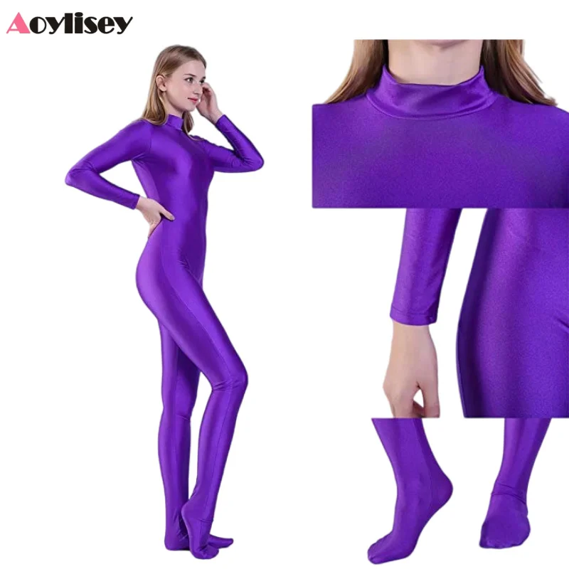 Adult Spandex Full Body Zentai Footed Unitards Jumpsuit Long Sleeve Bodysuit Girls Catsuit Skin Tight Halloween Costume Dance