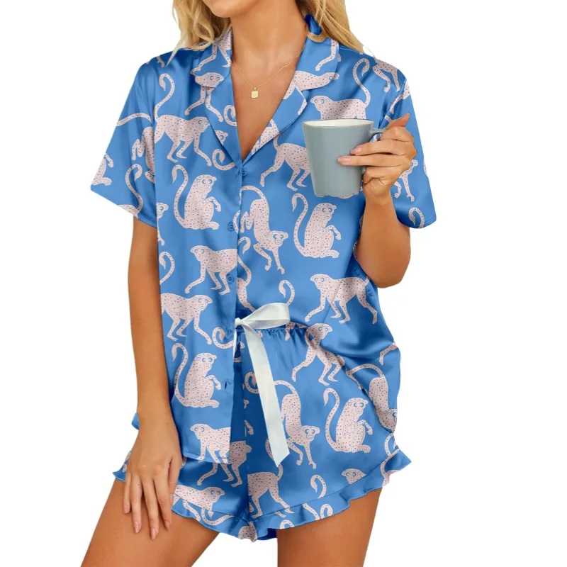 الصيف طباعة الحلو بيجامة من الحرير المرأة قصيرة الأكمام السراويل ملابس خاصة 2 قطعة الحرير الساتان Pjs مجموعة تي شيرتات قصيرة للأطفال زر أسفل المتسكعون S-XL