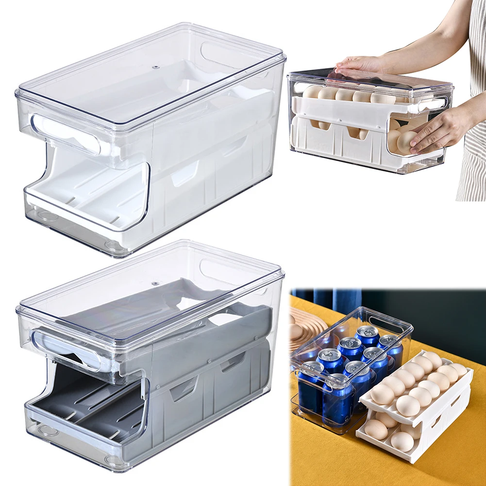 

2 Tier Automatic Rolling Egg Holder Space Saving Egg Fresh Storage Box Egg Organizer Tray for Kitchen Fridge Countertop