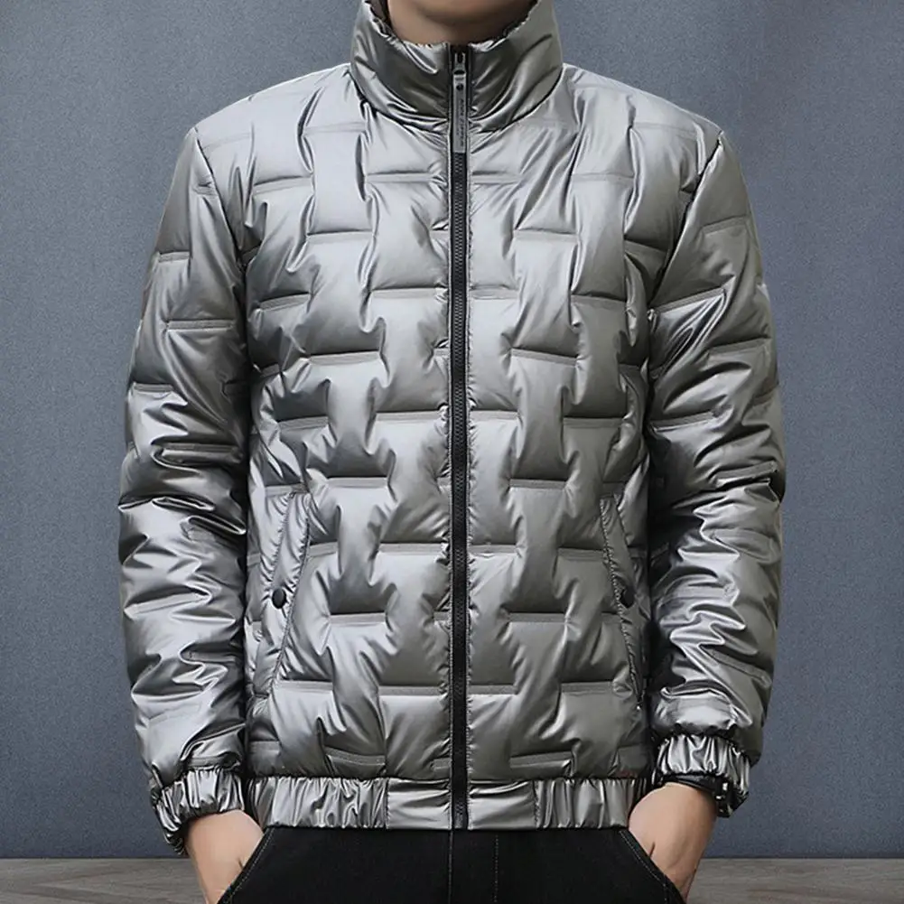 Men Winter Cotton Coat Men's Winter Cotton Puffer Jacket with Stand Collar Zipper Placket Windproof Quilted Outwear with Elastic