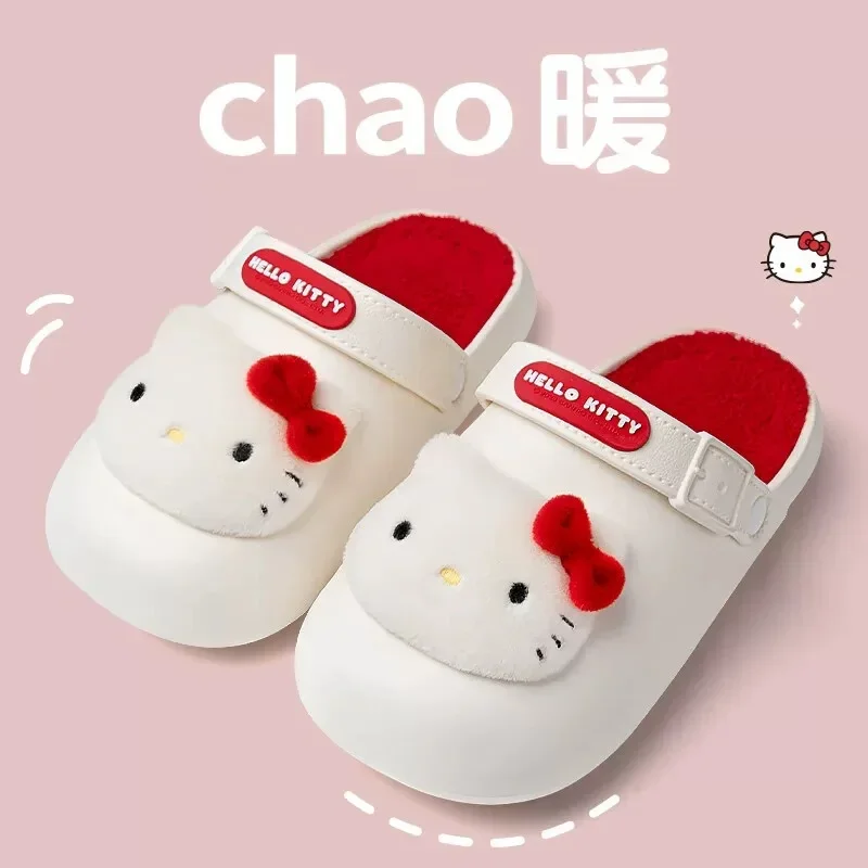 Sanrio Hello Kitty Sweet and cute home warm women's shoes Kulomie cartoon wear non-slip plush platform cotton slippers