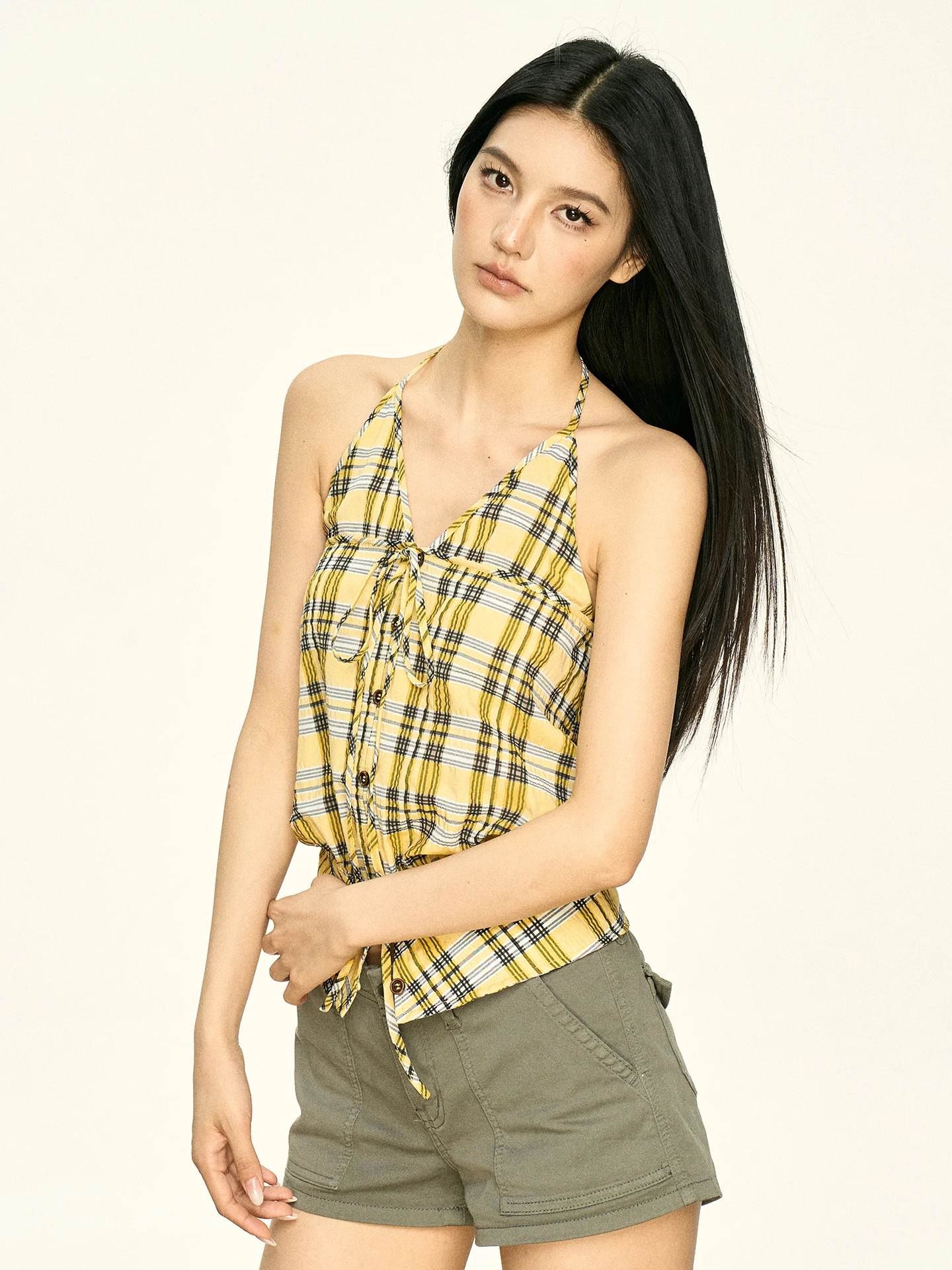 Aaisup Dopaamine Yellow Plaid Neck Hanging Vest Women's Summer Design Sense Small Binding Waist Strap on Top Short Length V-Neck