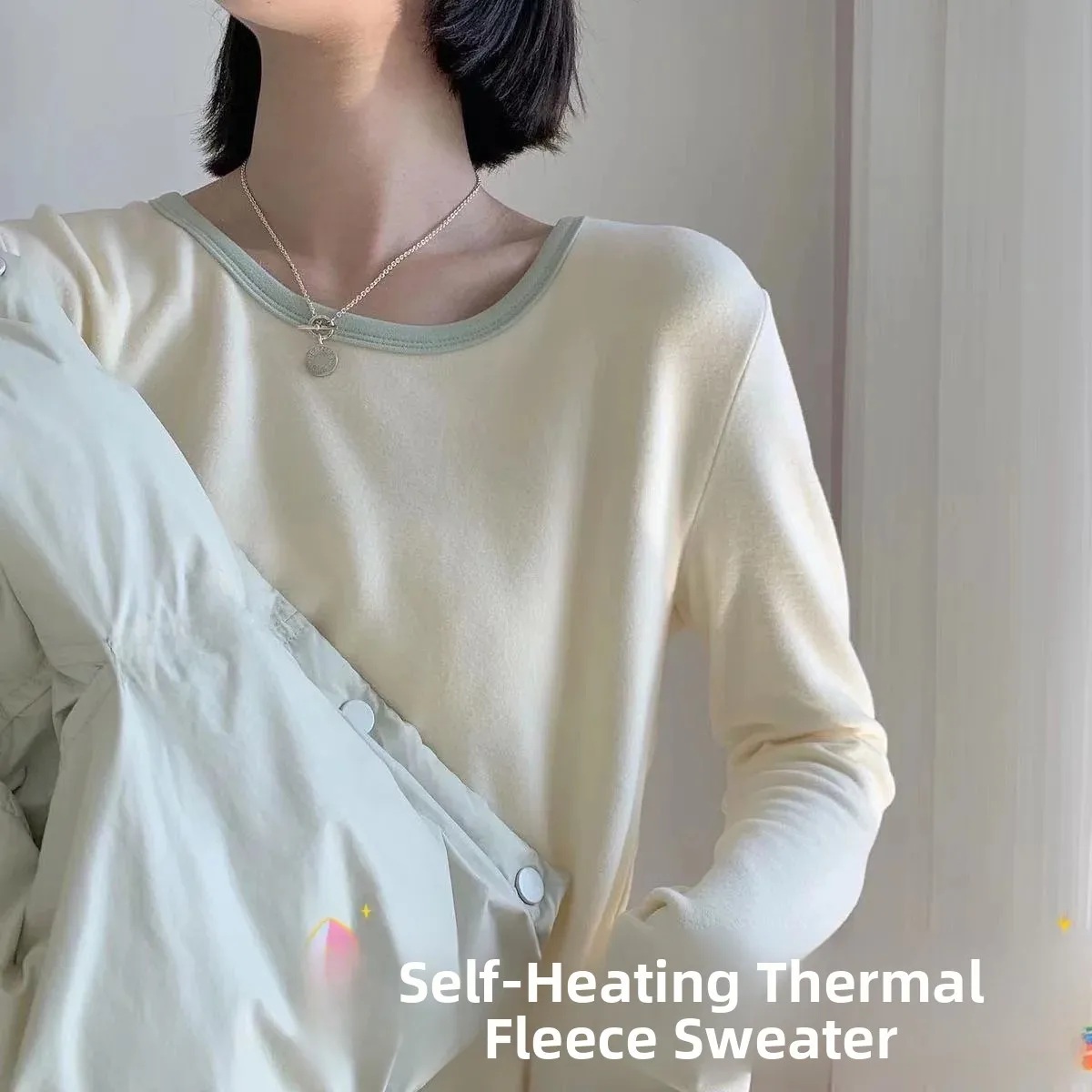 Self-Heating Double-Sided Velvet Thick Long Sleeve round Neck T-Shirt Women's Base Shirt Cream Color Block Korean Style Commute