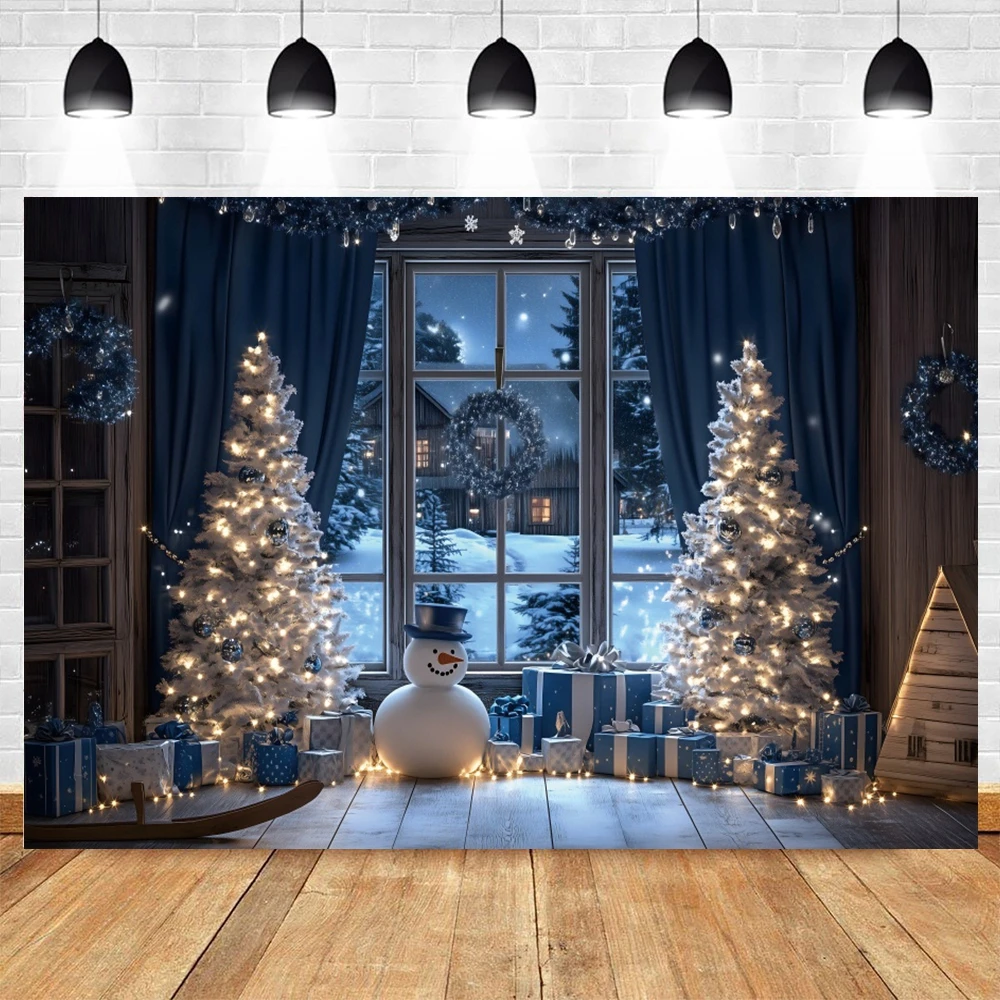 Christmas Photography Backdrop Winter Window Blue Curtain Night Xmas Tree Gift Wreath Snowmen Family Portrait Photo Background