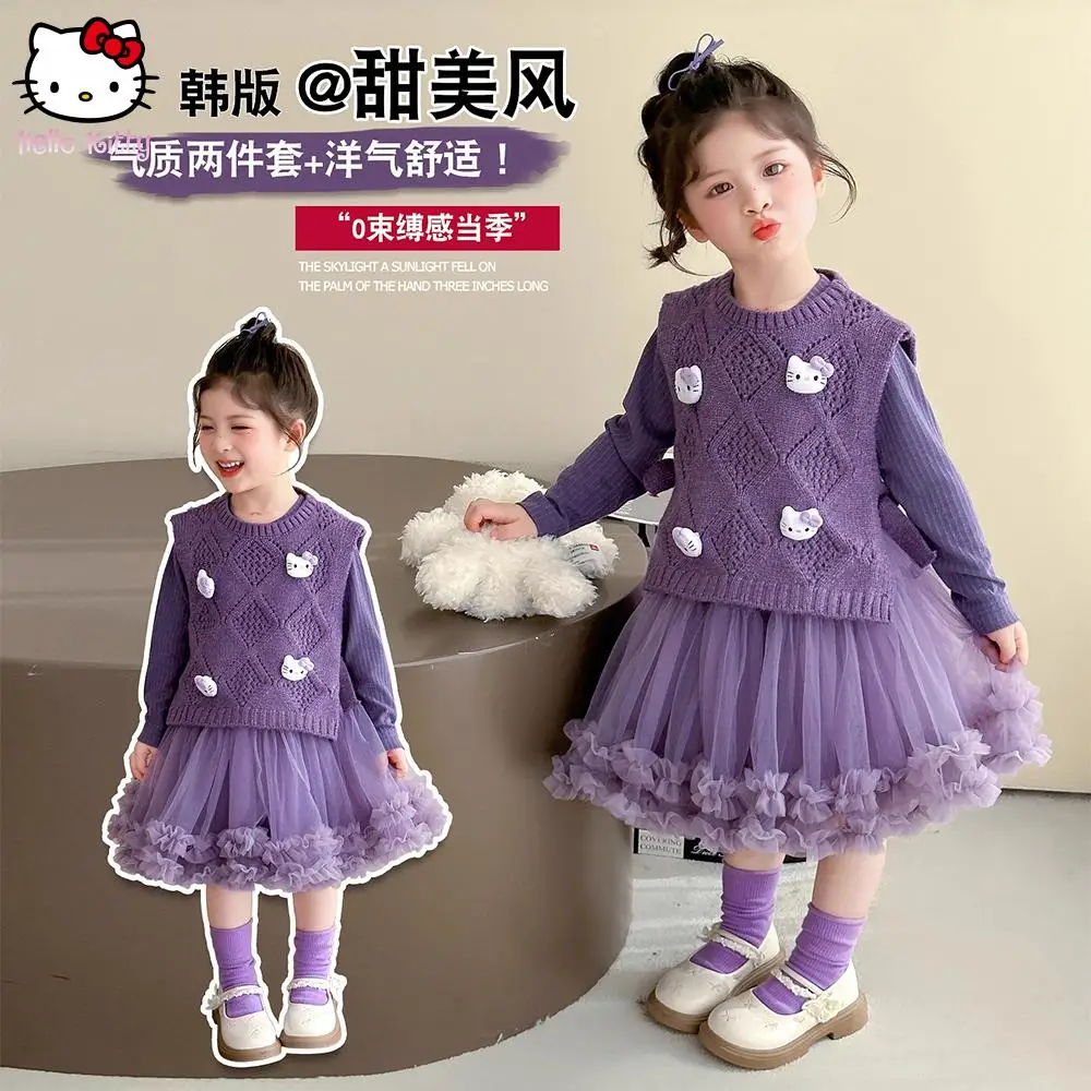 

Новый пушистый комплект платья Hello Kitty для девочек, кукла-принцесса, свитер, жилет, сетчатое платье, комплект из двух предметов, осеннее многослойное платье Kuromi, подарки в стиле аниме