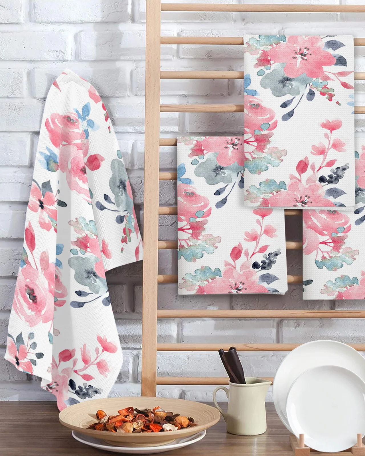 水彩キッチンクリーニングタオル、ティータオル、吸収、壁チェック、布ナプキン、皿旗、洗える、夏、ピンク、青、40x60cm