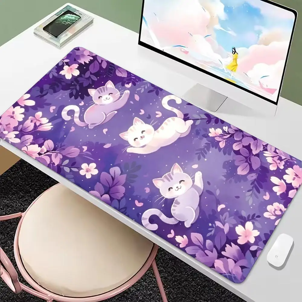 Garden Cat With Flowers Gaming Mouse Pad XXL Extended Keyboard Mat Non-Slip Rubber Bottom HD Print Lock Edge For Gaming Suite