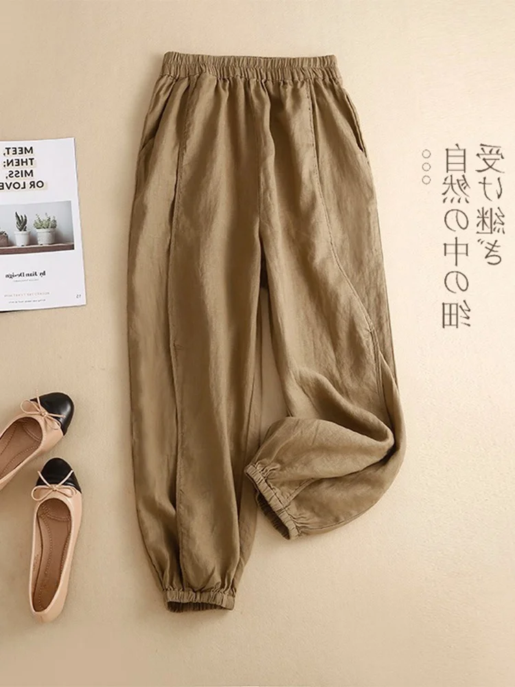 Spodnie damskie z wysokim stanem, luźny krój, długość 7/8, haremki, casualowe, z lnu, vintage, z detalami na zamek, model wyszczuplający.