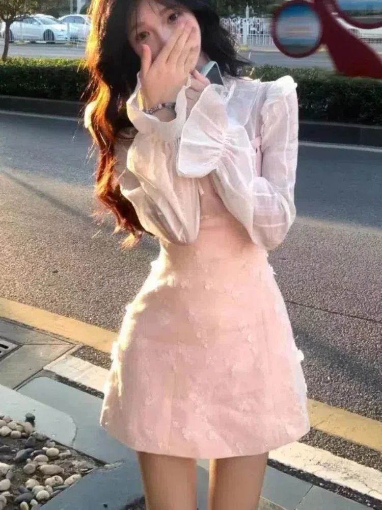 

Autumn Japan Fashion Sweet 2 Piece Sets White Long-sleeved Lace Top + Pink Slim Strap Skirt New Kawaii Aesthetic Suits Women