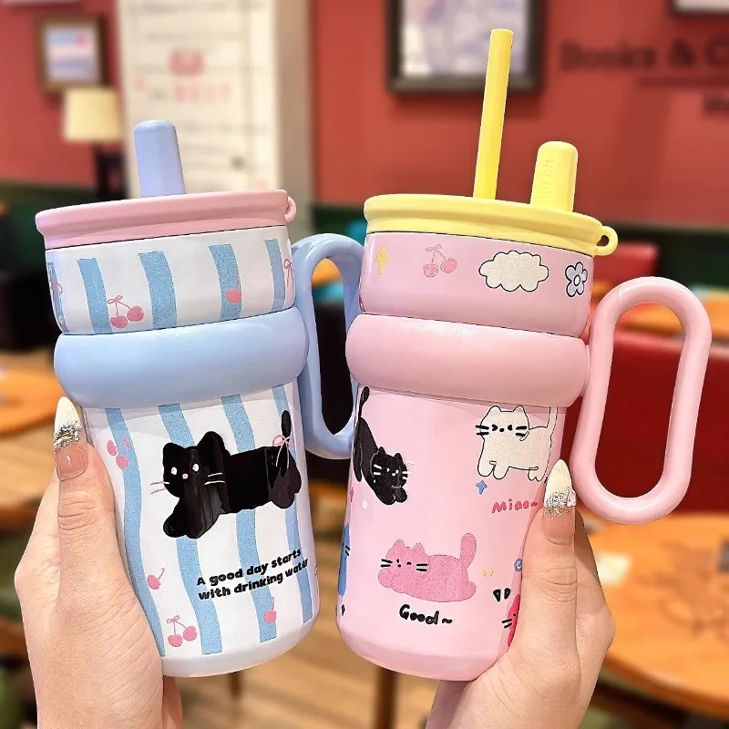 Cute Cat Thermal Mug With Straw Handle 650ml Large Kawaii Tumblers Stainless Steel Water Bottle Portable Coffee Tea Thermos Gift