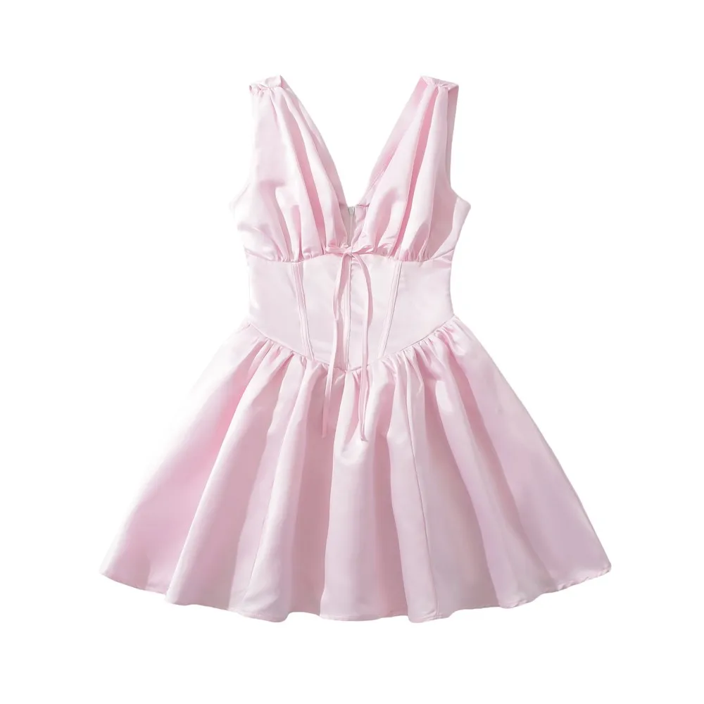 2025 프린세스 스테인 플리츠 구김 스트랩 보닝 슬림 로우 웨이스트 탱크 원피스, 여성 활 V 넥 주름 밑단, A 라인 민소매 드레스