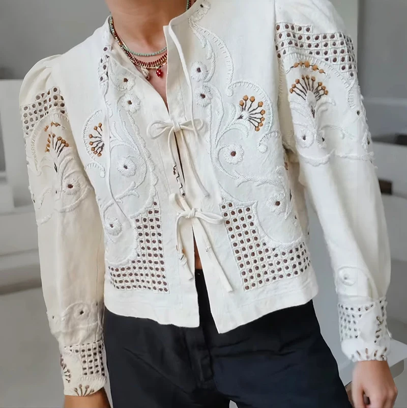 

Ele round Ne Embroidered irt Women's Bubble Sve Tie Waist Spring 2026 Cotton French Sle Loose Fit Breathable