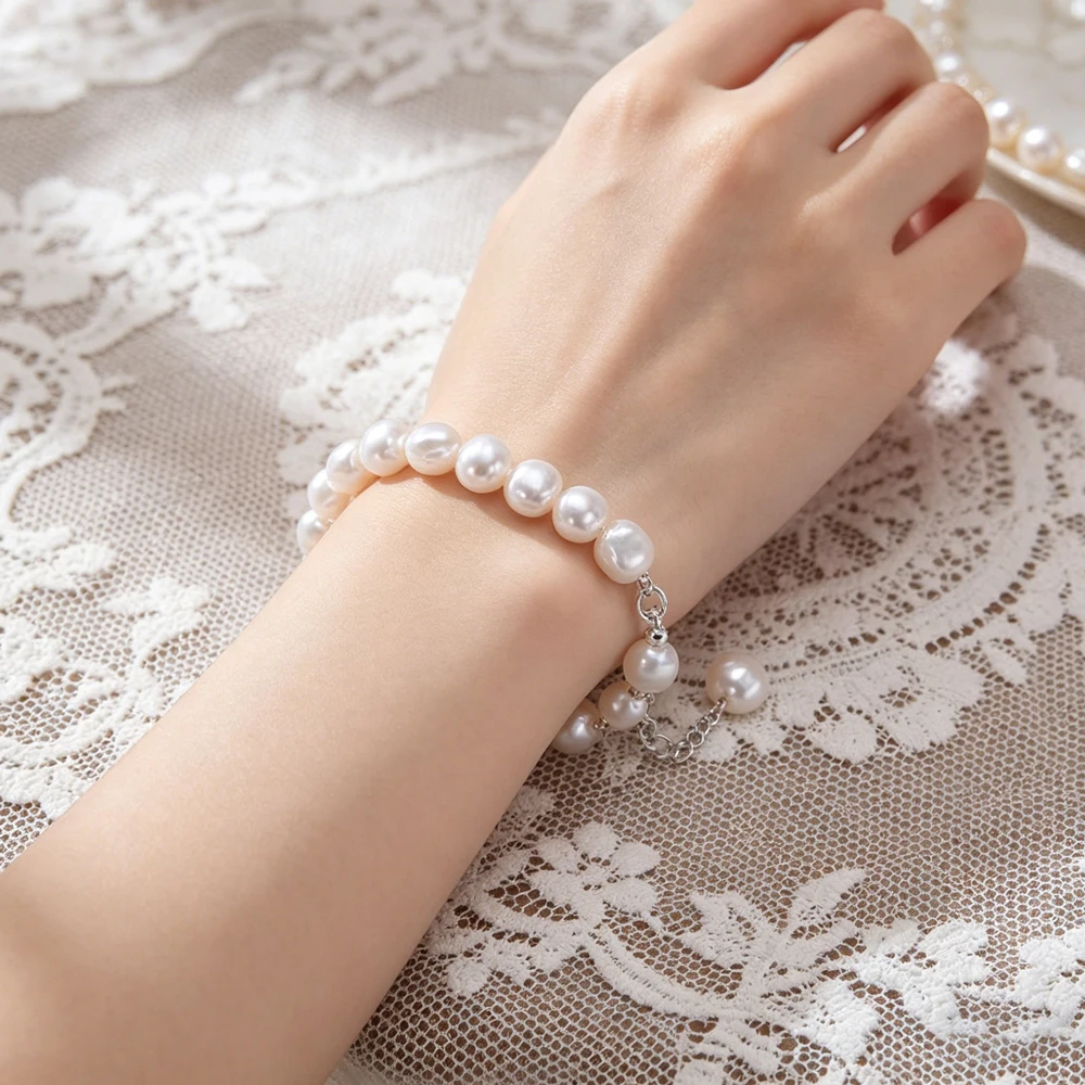 HENGSHENG-pulsera barroca de perlas blancas para mujer y niña, Plata de Ley 925 clásica, agua dulce, 8-9mm, joyería fina, regalos