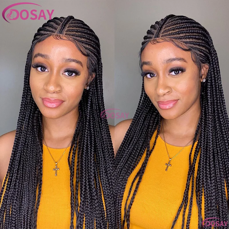 Wig Kepang Sintetis 32 "Wig Renda Penuh untuk Wanita Kulit Hitam Wig Kepang Kotak Tanpa Simpul dengan Rambut Bayi Kepang Cornrow Wig Afrika