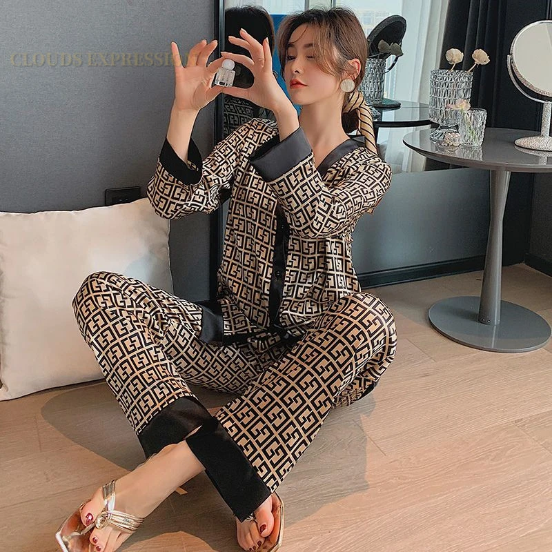 Spring Summer Ladies Faux Silk Polyester Pajama Sets Sexy Homewear Women\'s Casual Luxury Pajamas Thin Pajamas Female Sleepwear